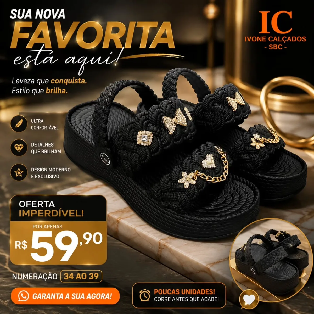 Sandália plataforma preta com pingentes