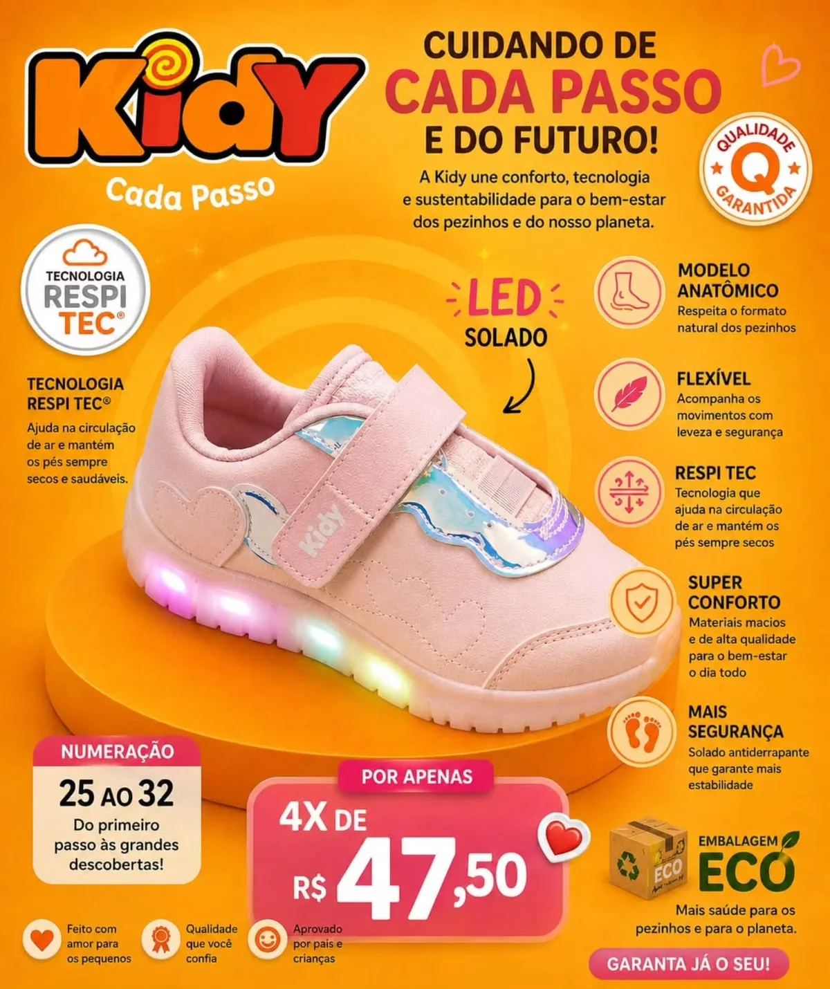 Tênis Kidy rosa com solado de LED